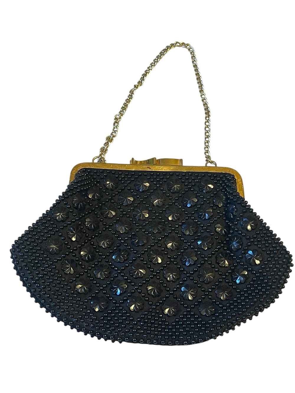 1950’s Handmade in Hong Kong Black Beaded Kiss-Lock Clutch Purse - Picture 4 of 12